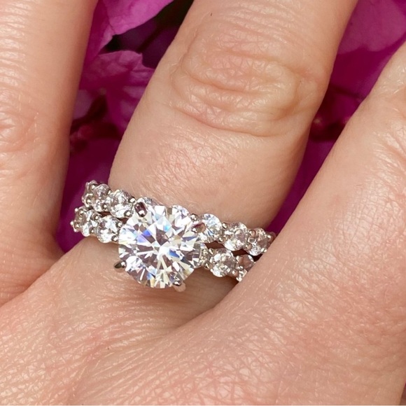 New Timeless Silver Eternity LC White Sapphires Wedding Band and Engagement Ring - Picture 7 of 17